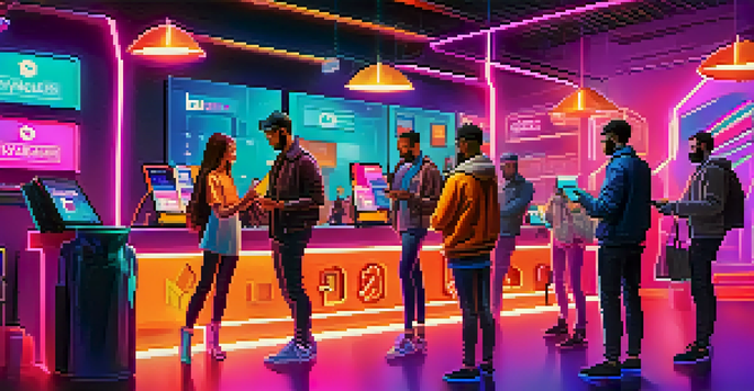A diverse group of individuals engaging in online shopping using smartphones and laptops, surrounded by a vibrant digital marketplace with neon lights.