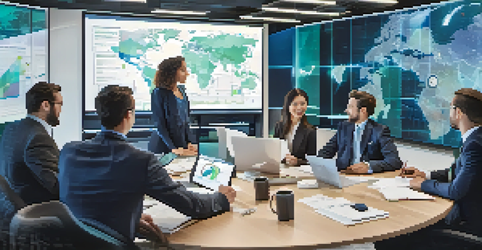 A diverse group of business professionals in a meeting discussing market research, with charts on a screen and a world map in the background.