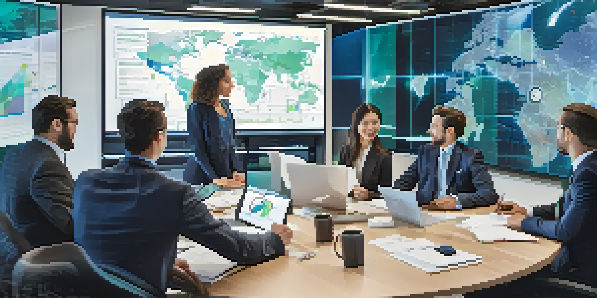 A diverse group of business professionals in a meeting discussing market research, with charts on a screen and a world map in the background.