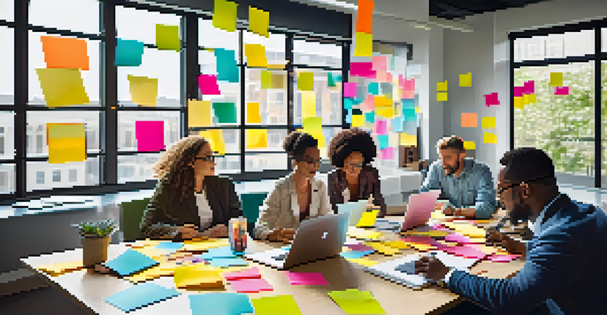 A diverse team of professionals brainstorming together in a bright and modern office space, with colorful notes and laptops on the table.