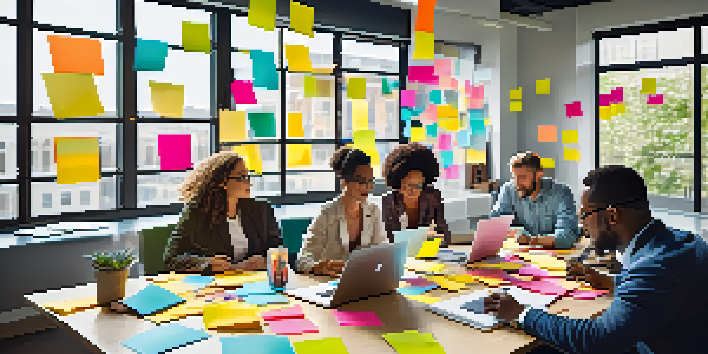 A diverse team of professionals brainstorming together in a bright and modern office space, with colorful notes and laptops on the table.