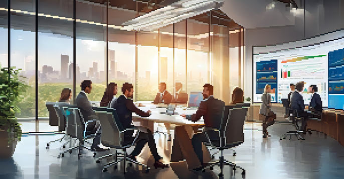 A diverse group of professionals in a bright meeting room, collaborating on financial data with laptops and digital screens.