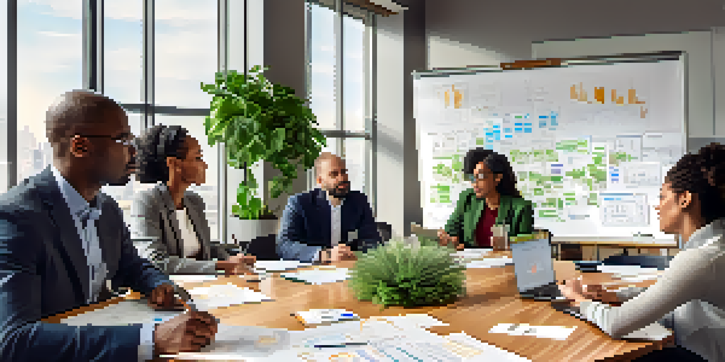 A diverse group of professionals engaged in a strategic planning meeting with documents and laptops on a table.