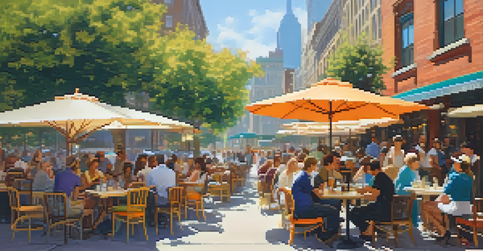 A lively outdoor café with diverse people enjoying conversations under colorful umbrellas, surrounded by flowers and city scenery.