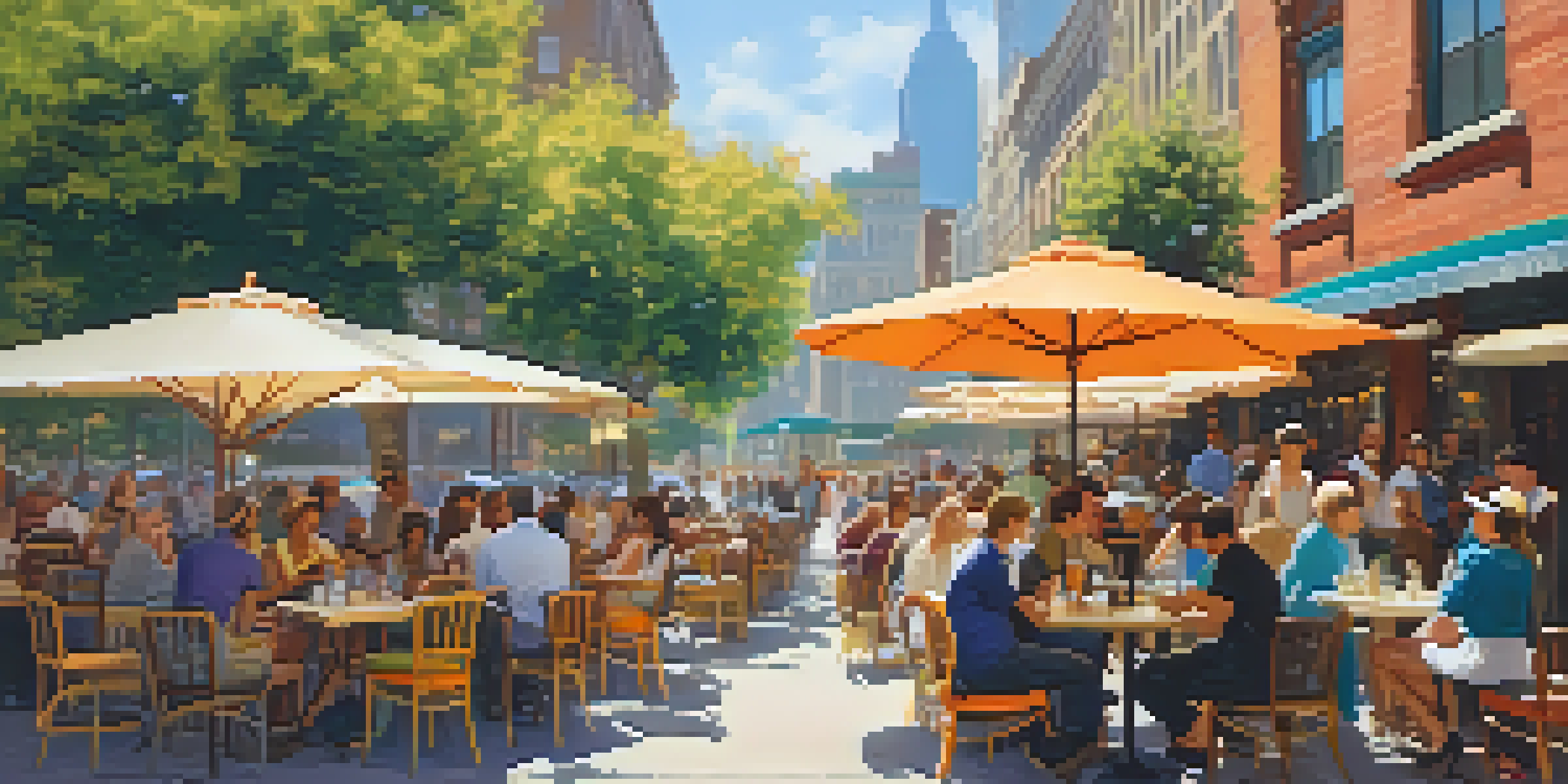 A lively outdoor café with diverse people enjoying conversations under colorful umbrellas, surrounded by flowers and city scenery.
