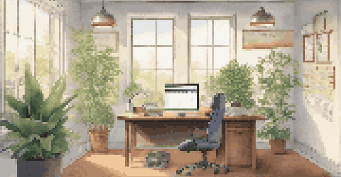 An office space with a leader at a desk, organized files, a digital calendar, and natural light shining through the window.