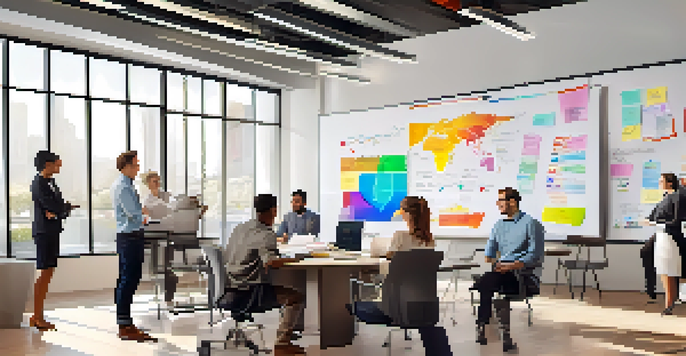 A diverse group of professionals in a bright, modern office discussing ideas around a whiteboard filled with charts.