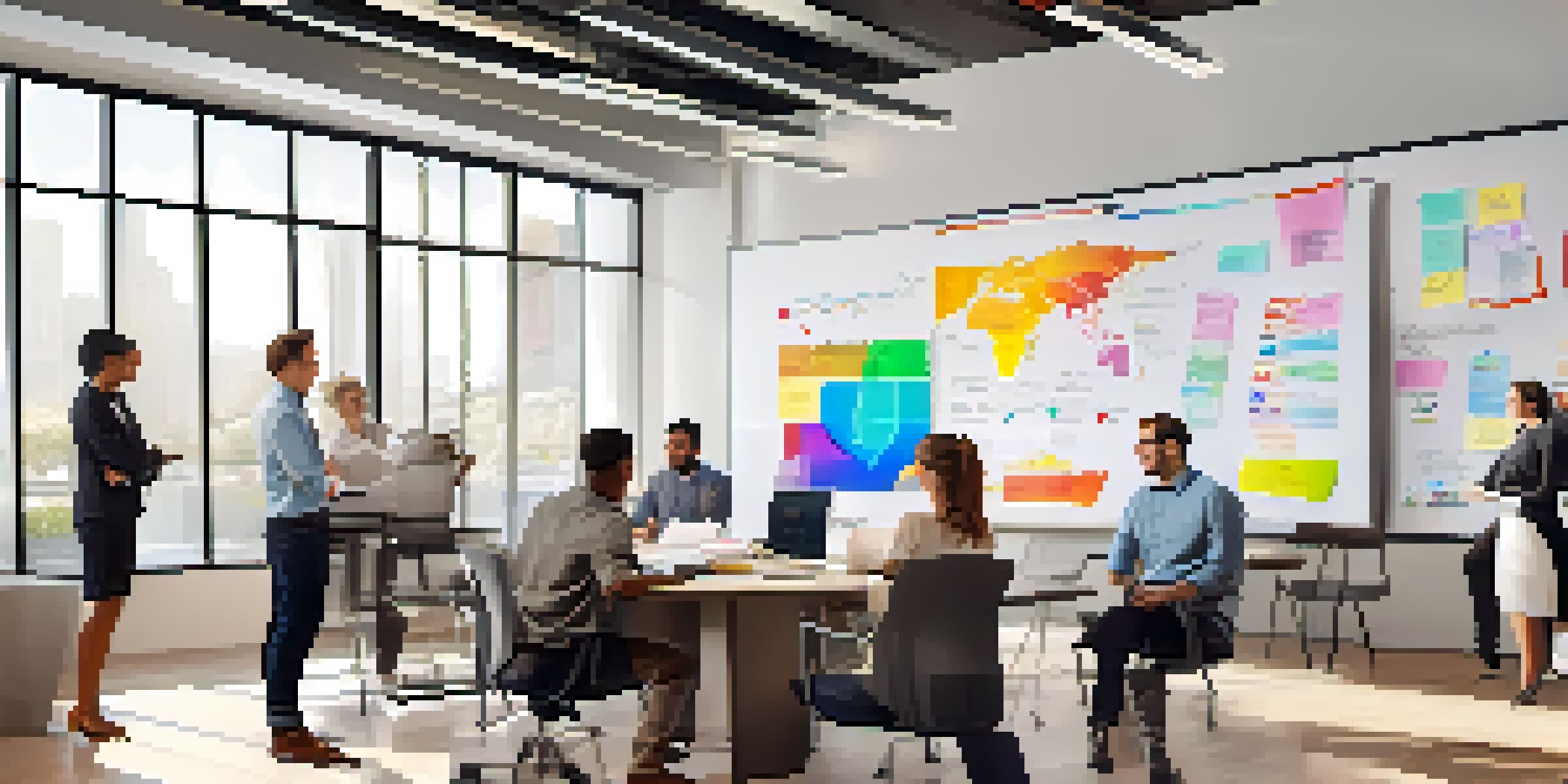 A diverse group of professionals in a bright, modern office discussing ideas around a whiteboard filled with charts.
