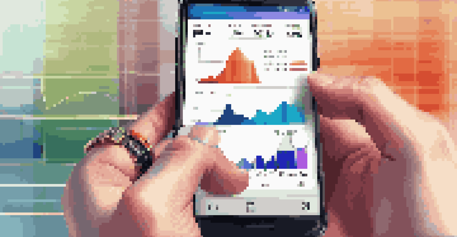 A close-up of a hand holding a smartphone showing graphs and metrics.