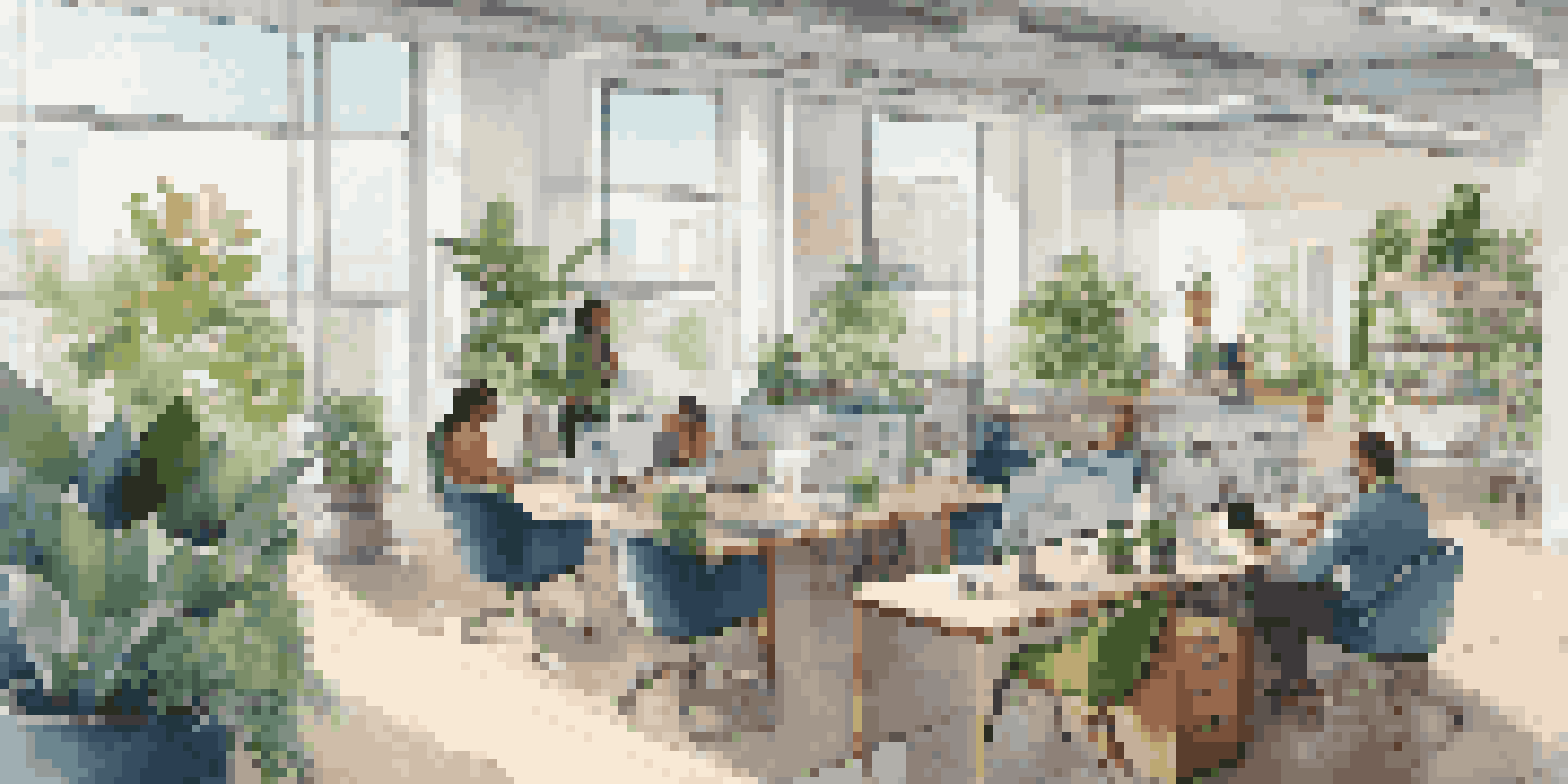 A modern office with flexible workspaces, featuring diverse employees working and collaborating in a bright environment.