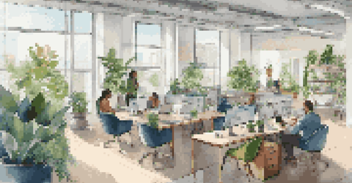 A modern office with flexible workspaces, featuring diverse employees working and collaborating in a bright environment.