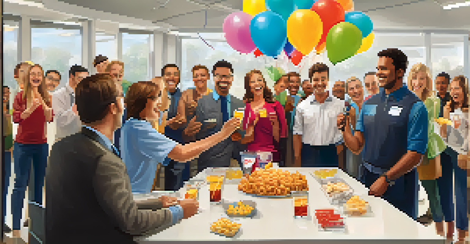 Employees celebrating a team member's achievement with snacks and a 'Congratulations!' banner in the background.