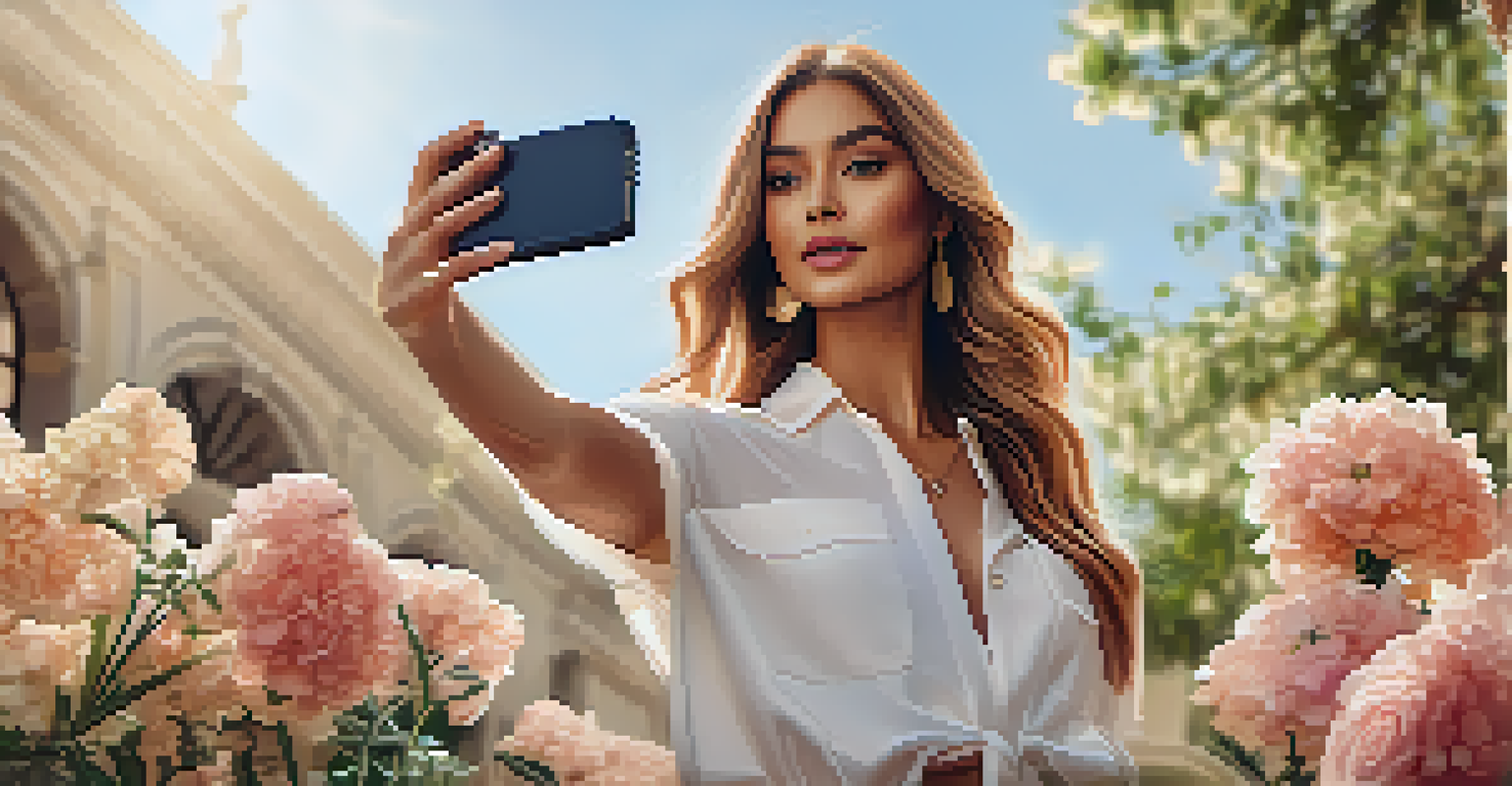 A lifestyle influencer taking a selfie in a beautiful outdoor setting, promoting a fashion brand with blooming flowers around.