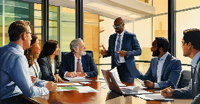 A diverse group of professionals discussing around a conference table with financial documents and laptops.