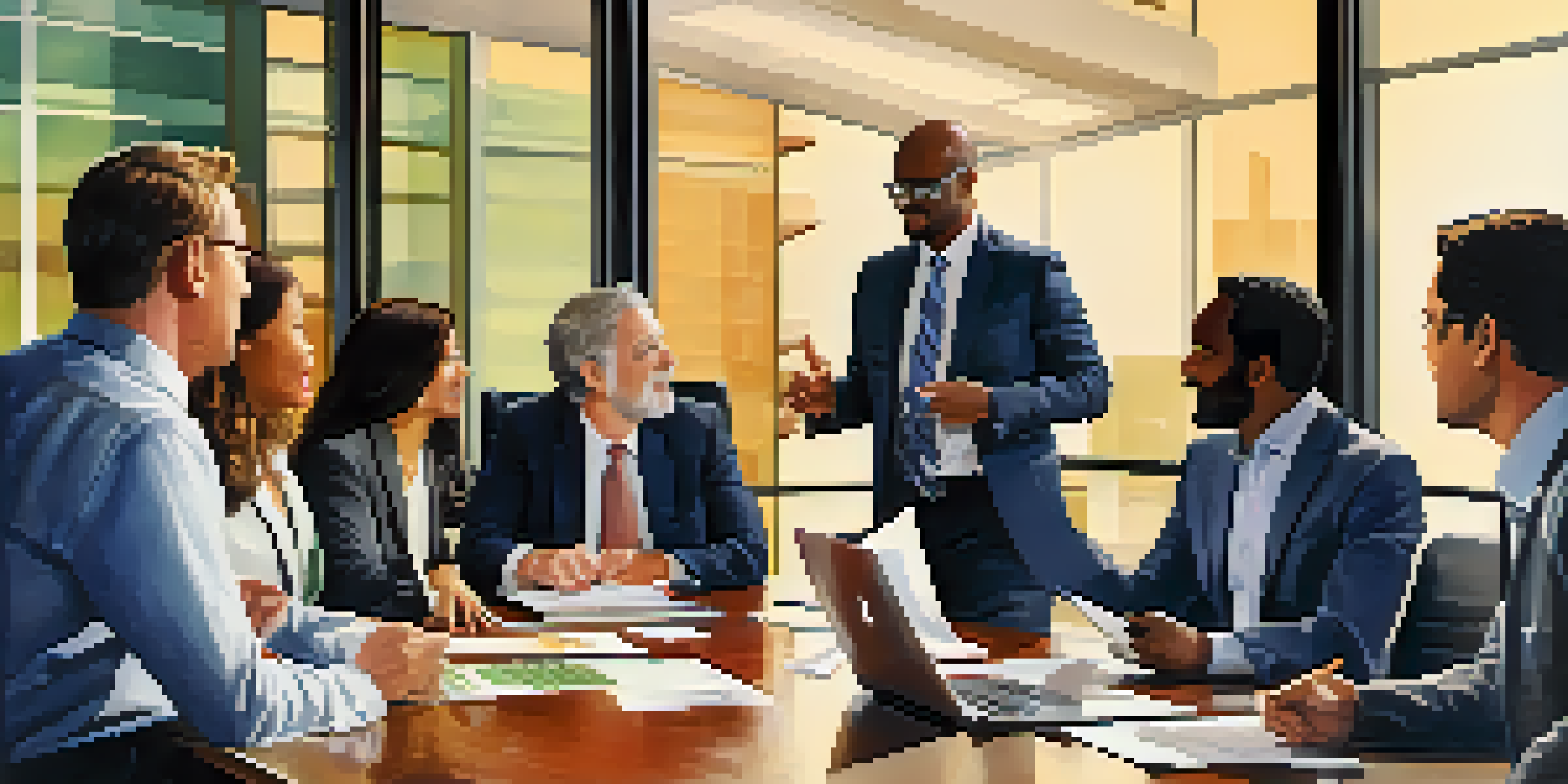 A diverse group of professionals discussing around a conference table with financial documents and laptops.