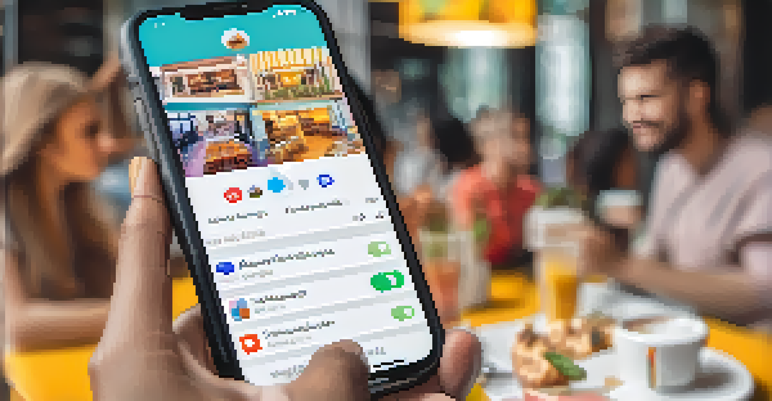A smartphone displaying a colorful social media feed with posts and hashtags in a busy café.