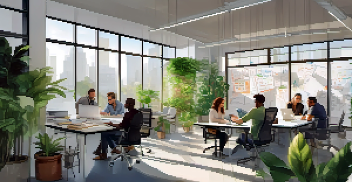 A diverse team collaborating in a bright modern office, surrounded by plants and a whiteboard filled with notes.