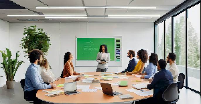 An office workshop scene where diverse employees are engaged in a change management discussion, with a whiteboard displaying the ADKAR model and a laptop showing a video conference.