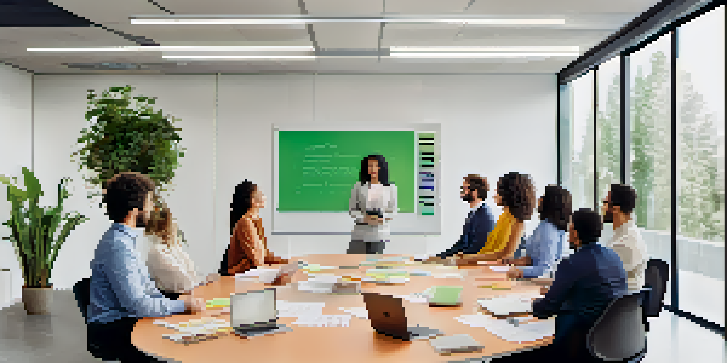 An office workshop scene where diverse employees are engaged in a change management discussion, with a whiteboard displaying the ADKAR model and a laptop showing a video conference.