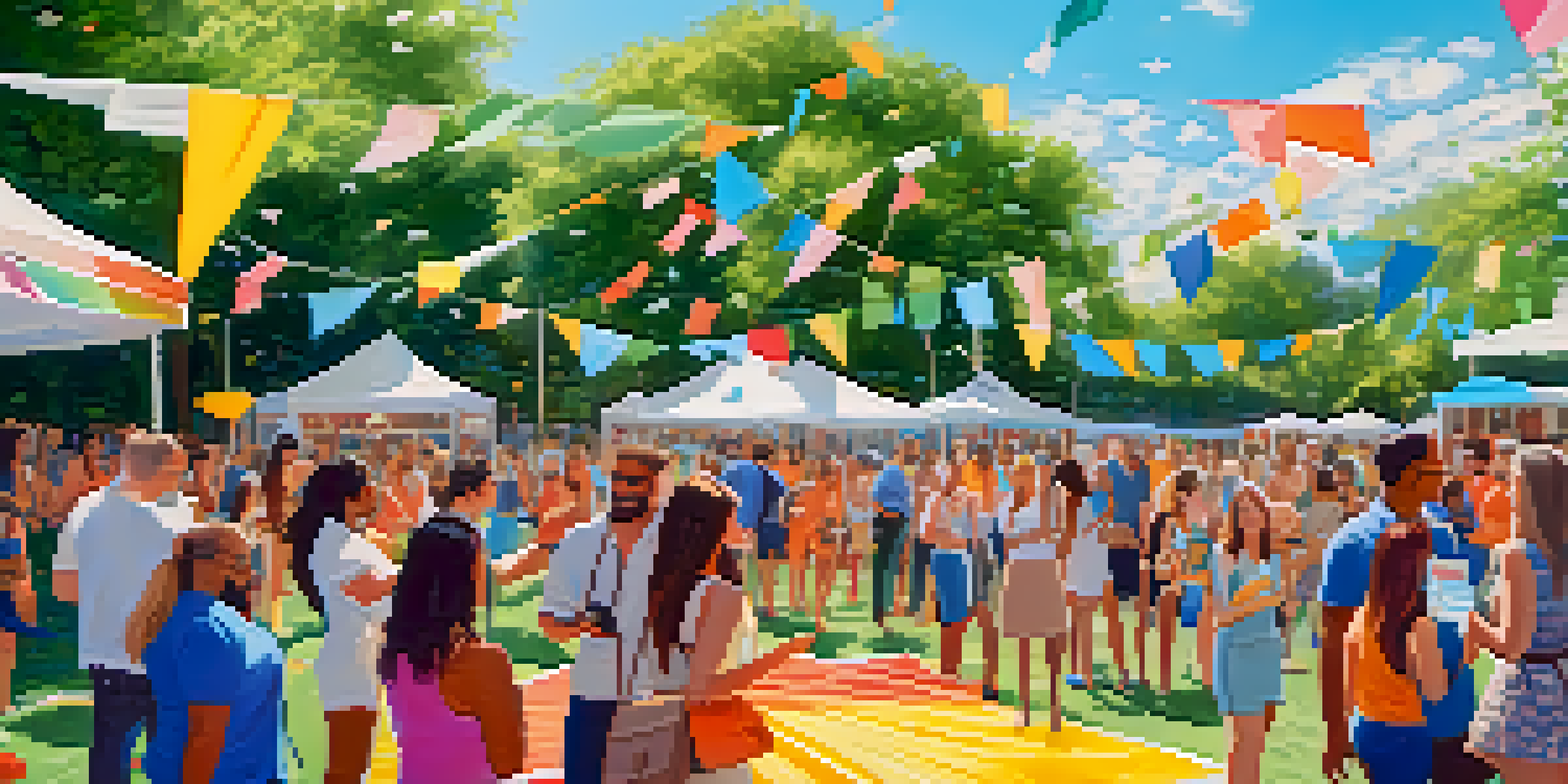 A lively outdoor event showcasing influencer marketing, with diverse people engaging with products under a sunny sky.