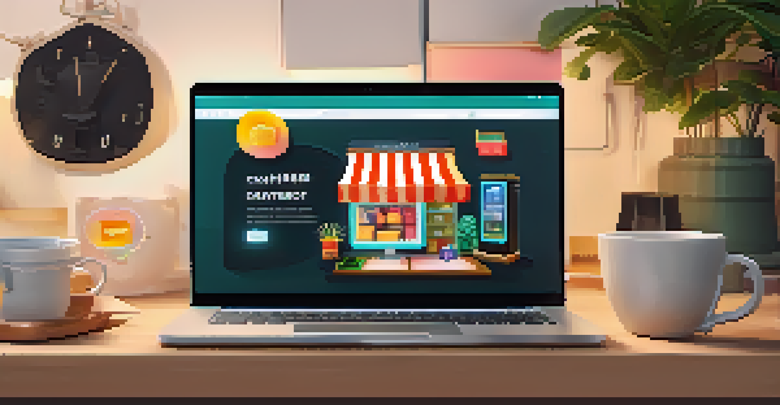 A laptop screen showing an e-commerce website with a friendly chatbot suggesting products, set in a cozy home environment with warm lighting.