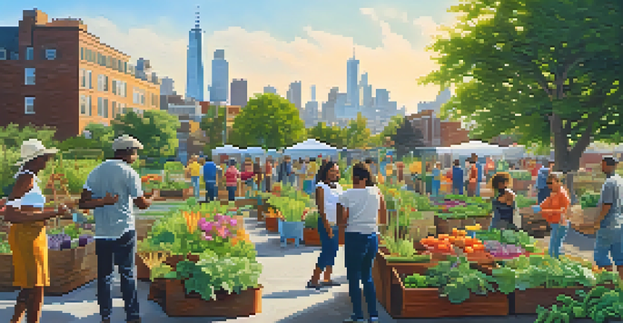 A diverse group of people working together in a colorful community garden with a city skyline in the background.