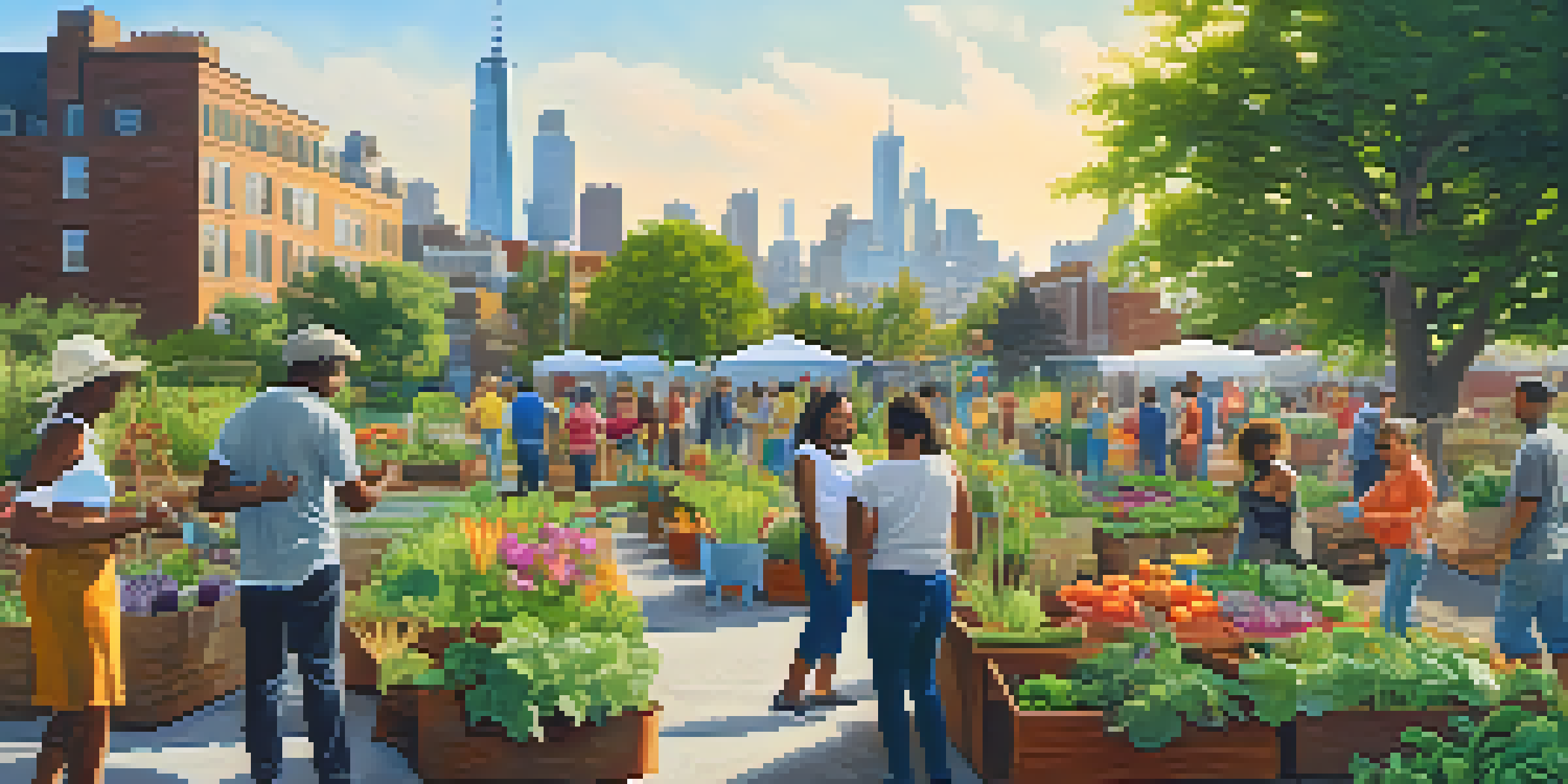 A diverse group of people working together in a colorful community garden with a city skyline in the background.