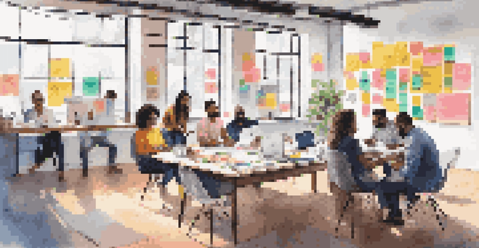 A diverse group of entrepreneurs working together around a large Business Model Canvas filled with colorful sticky notes and brainstorming materials in a bright workspace.