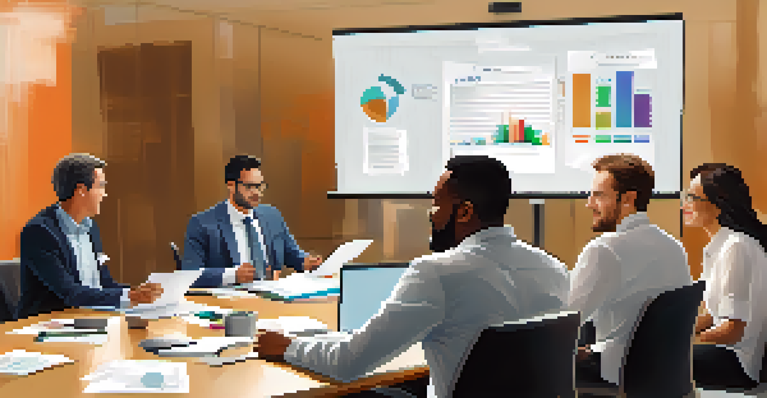 A diverse group of professionals discussing around a conference table, showcasing teamwork and collaboration in a modern office setting.