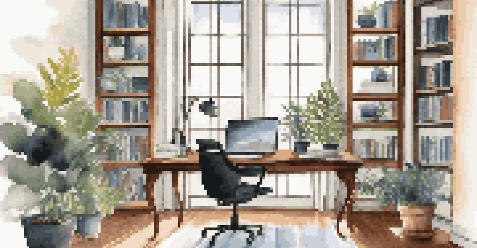 A modern home office with a stylish desk, plants, and bright natural light coming through a window.