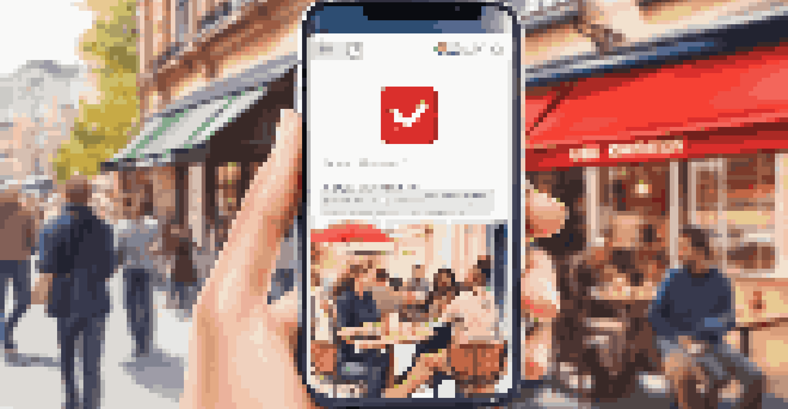 A close-up of a smartphone showing a brand's hashtag campaign on social media, with a blurred lively café scene in the background.