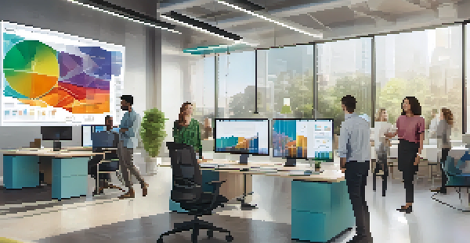 A modern office with diverse professionals discussing data visualizations on a digital screen in a bright and welcoming environment.