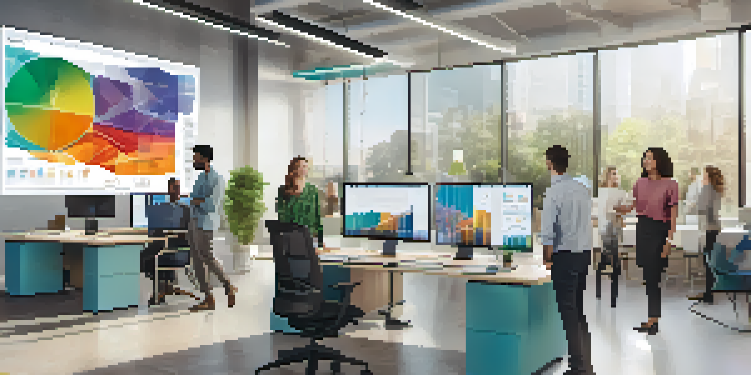 A modern office with diverse professionals discussing data visualizations on a digital screen in a bright and welcoming environment.