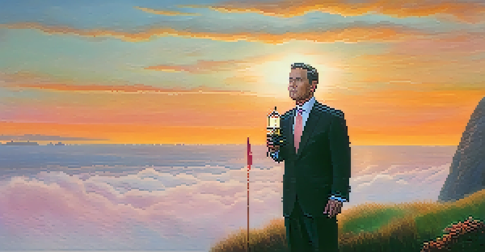 A leader stands on a cliff holding a lantern, illuminating the foggy sea at dawn with a colorful sunrise in the background.