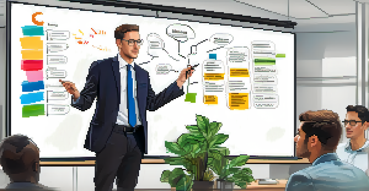 A confident leader presenting a change management strategy on a whiteboard to an engaged audience in a modern office.
