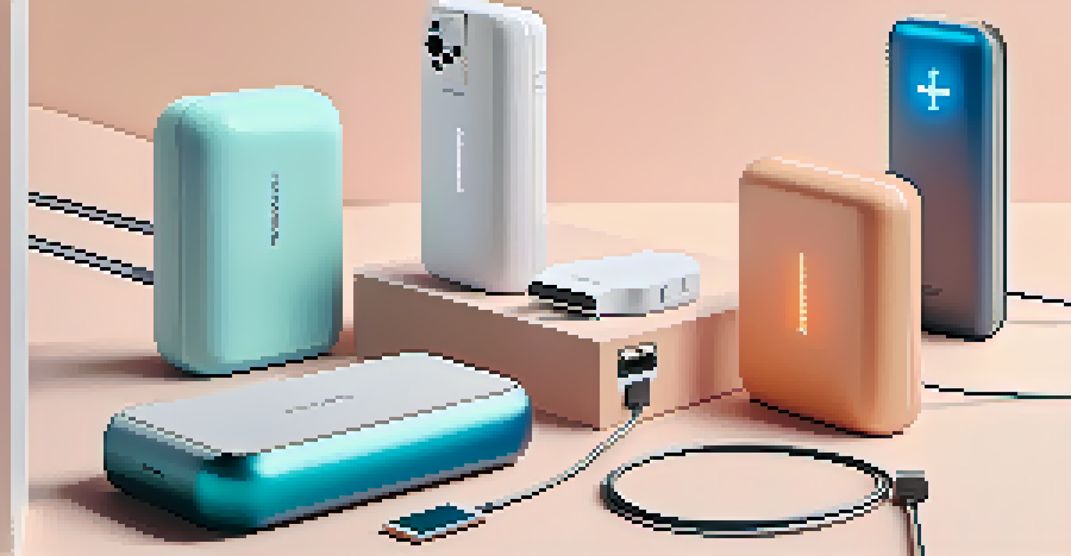 An arrangement of modern charging devices on a minimalist surface, highlighted with even lighting.