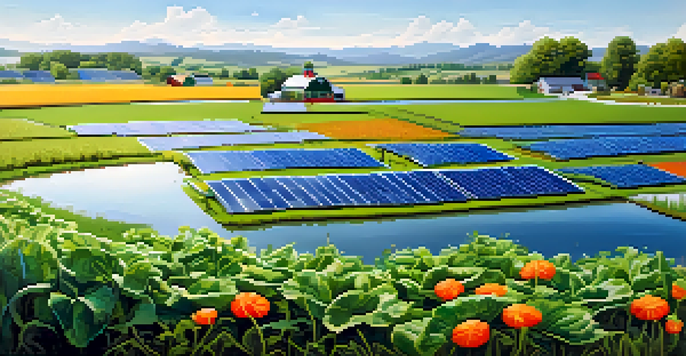 A peaceful sustainable farm with green crops, solar panels, farmers working, and a pond under a blue sky.