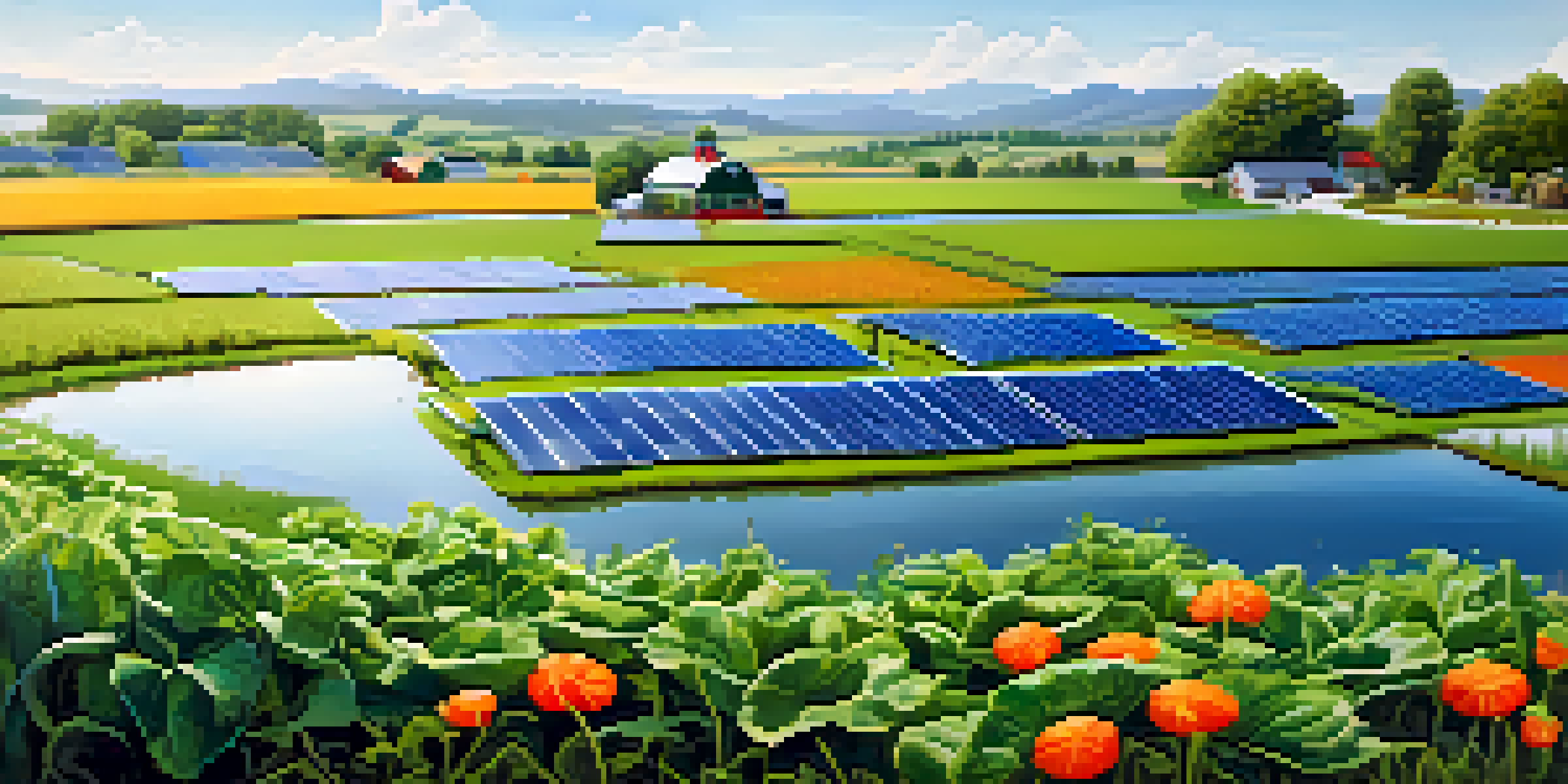 A peaceful sustainable farm with green crops, solar panels, farmers working, and a pond under a blue sky.
