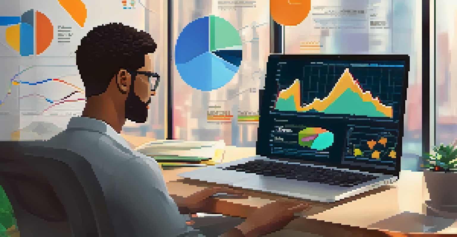 A close-up view of a professional analyzing data on a laptop, with colorful graphs and a cozy workspace in the background.