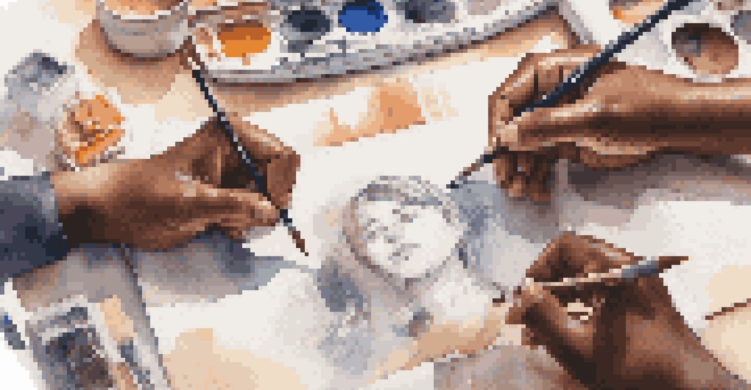 Close-up of diverse hands collaborating on a creative project at a workspace filled with art supplies and a laptop displaying a crowdfunding campaign, illuminated by warm light.