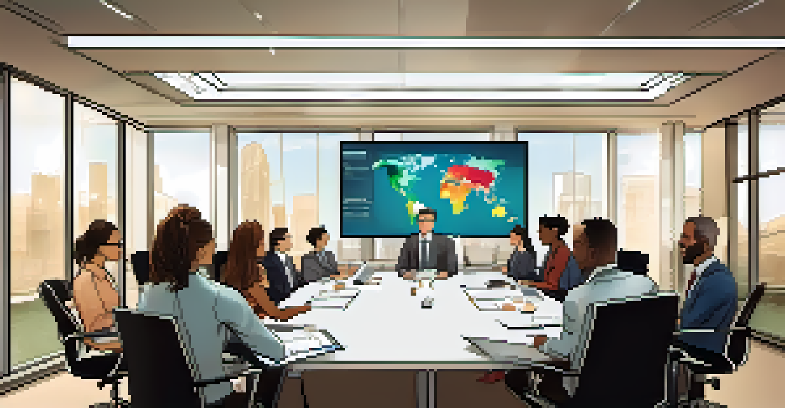 A diverse team discussing risk management strategies around a conference table with visual aids.