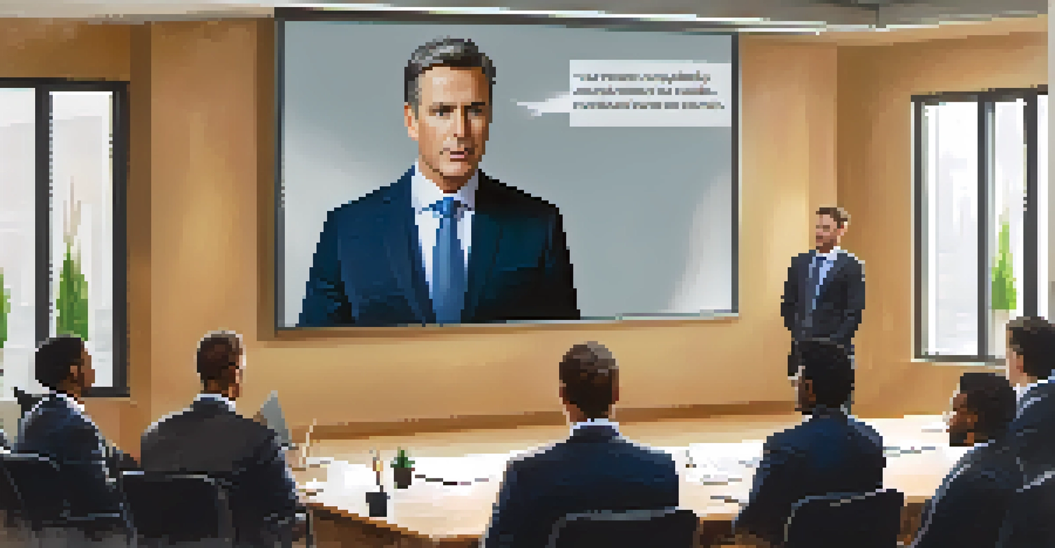 A leader addressing their team about ethics in a modern office, with an inspirational message on a screen.
