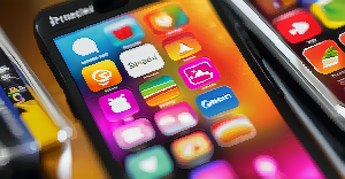 A close-up view of a smartphone with a colorful mobile commerce app interface, showcasing product images and features.