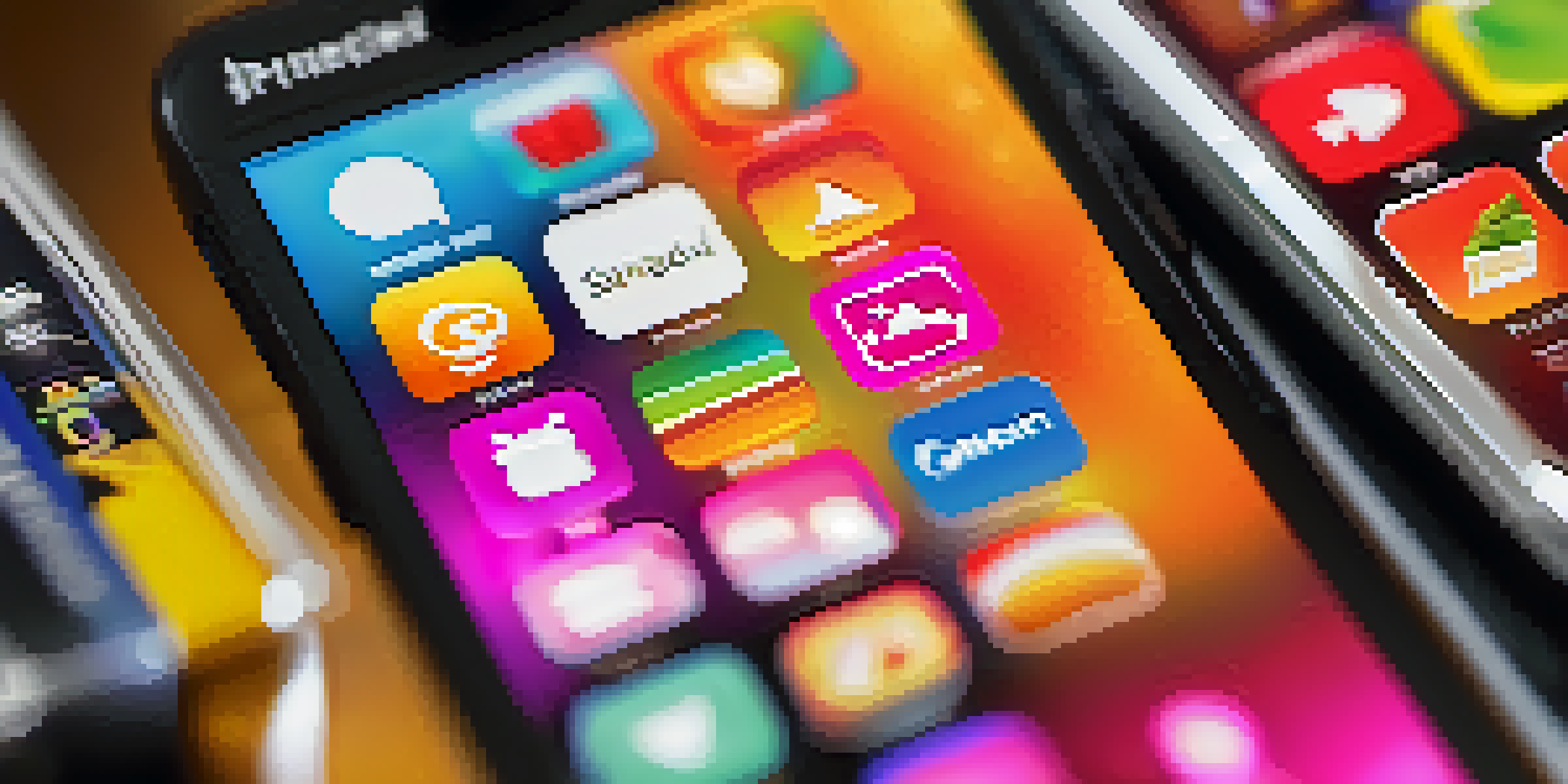 A close-up view of a smartphone with a colorful mobile commerce app interface, showcasing product images and features.