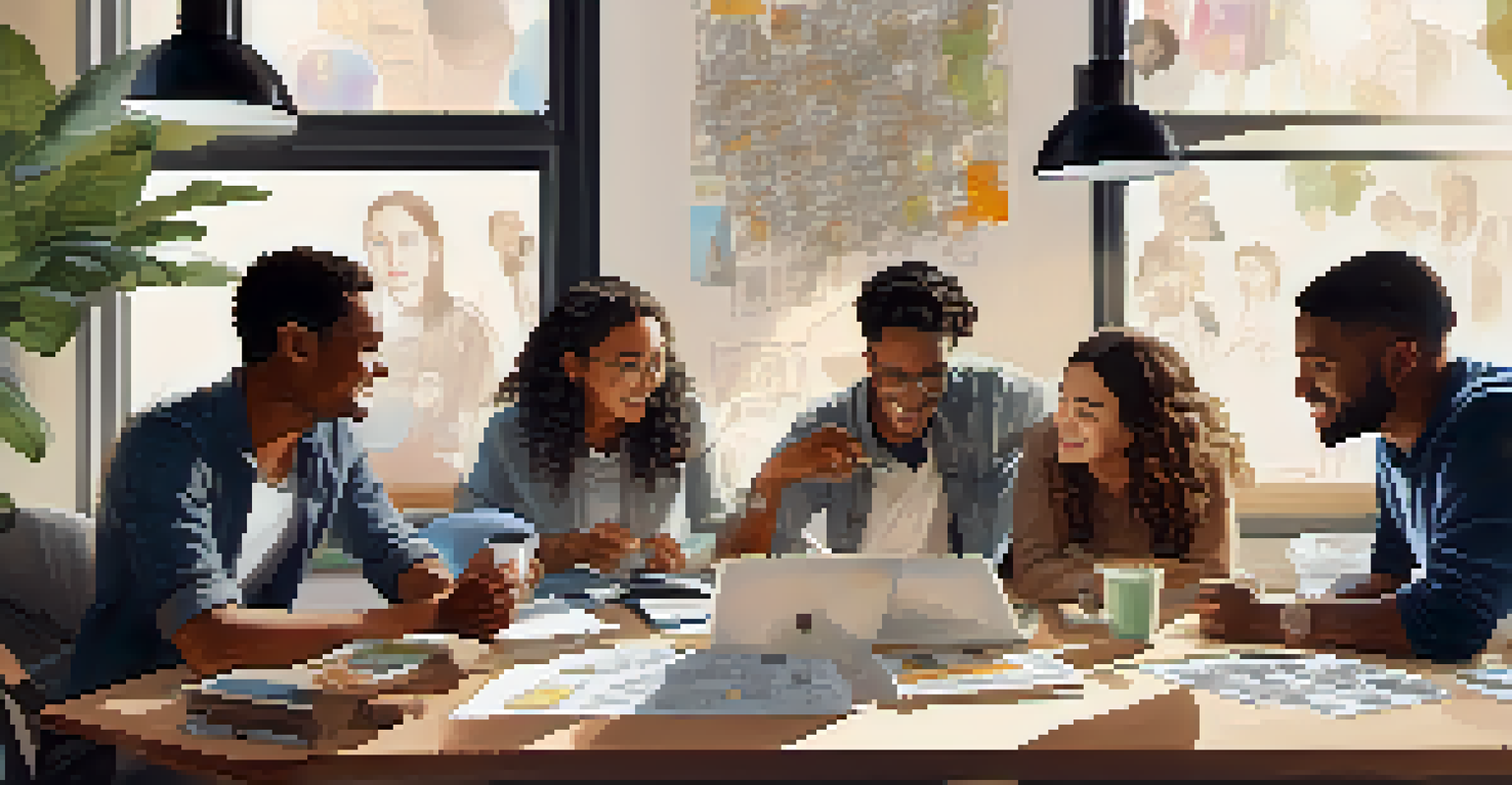 A diverse group of individuals collaborating around a table with sketches and laptops, brainstorming ideas for a crowdfunding project.