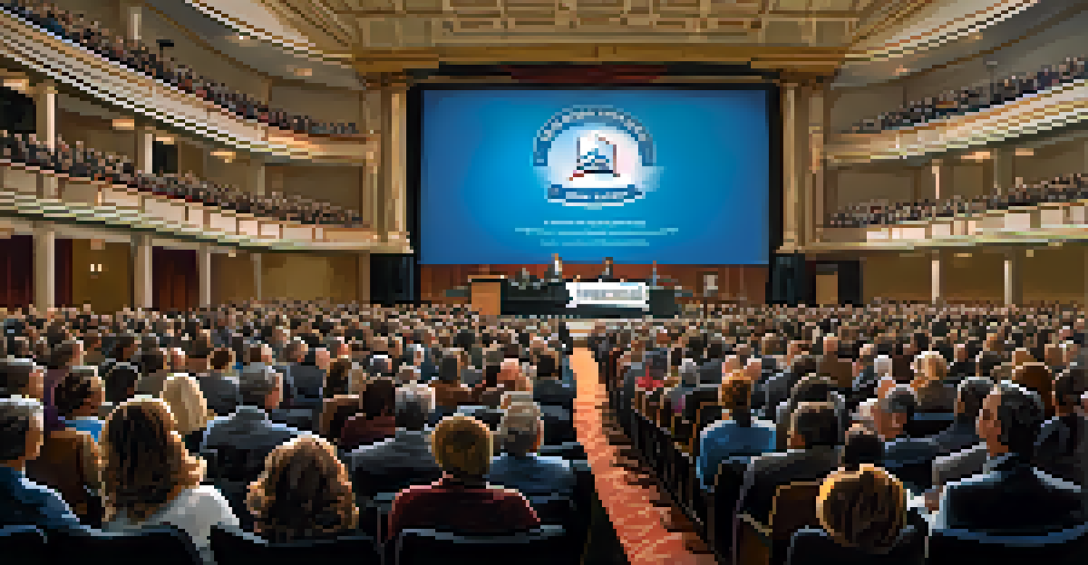 A speaker addressing a large audience during a town hall meeting in an auditorium.
