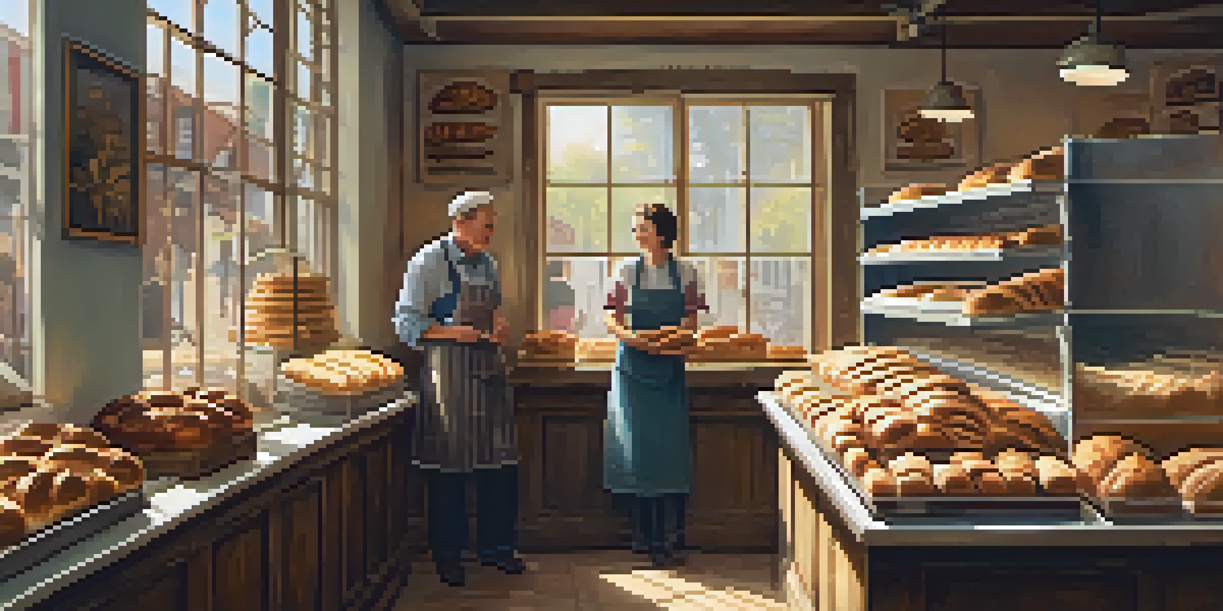 A cozy bakery with a wooden counter displaying fresh pastries, sunlight streaming through windows, and a family member engaging with customers.