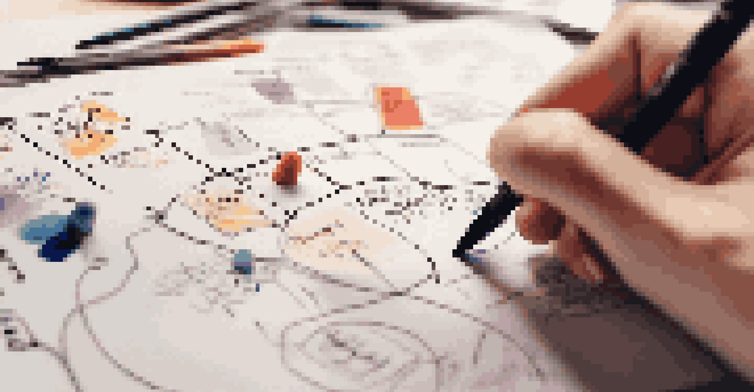 A close-up of a hand writing on a Business Model Canvas in a creative workspace.