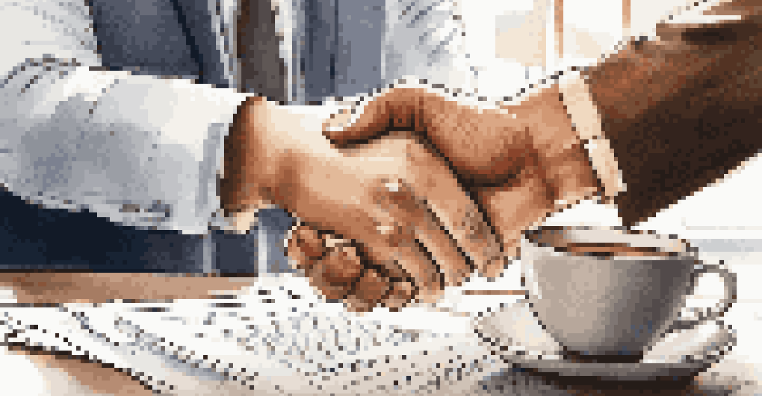 A close-up of two hands shaking in agreement over paperwork in an office setting.
