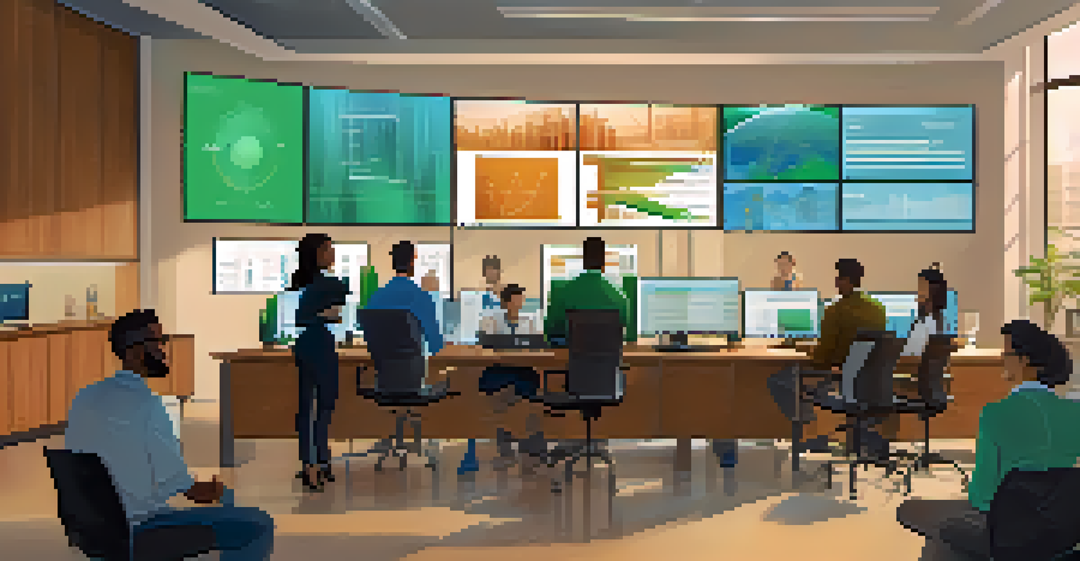 A diverse team of professionals brainstorming in an office with digital screens displaying data visualizations.